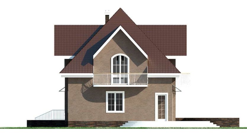 Проект Нефтеюганск, фасад кирпичного дома с балконом, фронтоном и крыльцом