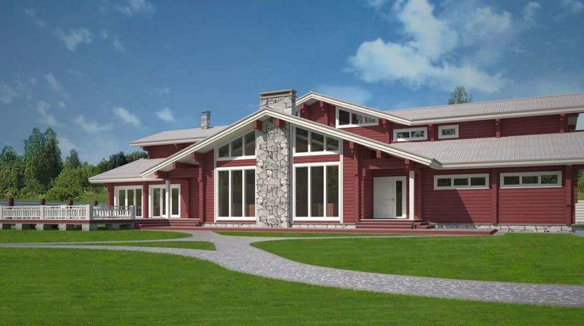 Проект дуплекса «Сурск» из бруса, центральный фасад с витражом