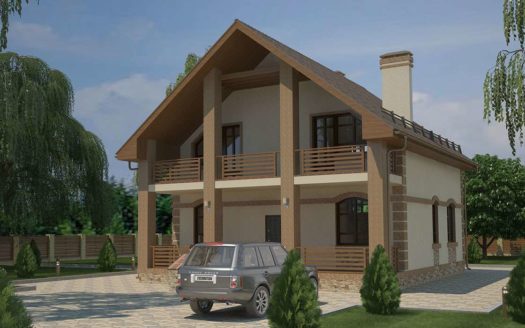 Проект дома из арболита с террасой и балконом