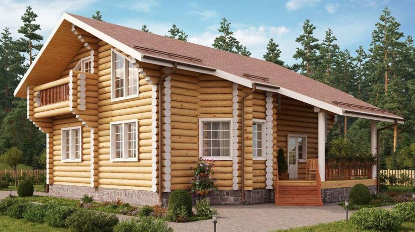 Проект дома из бревна со вторым светом и камином