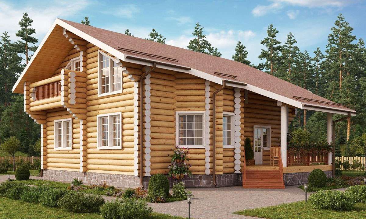 Проект дома из бревна со вторым светом и камином