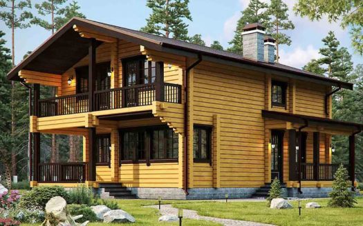 Проект брусового дома с террасой и балконом