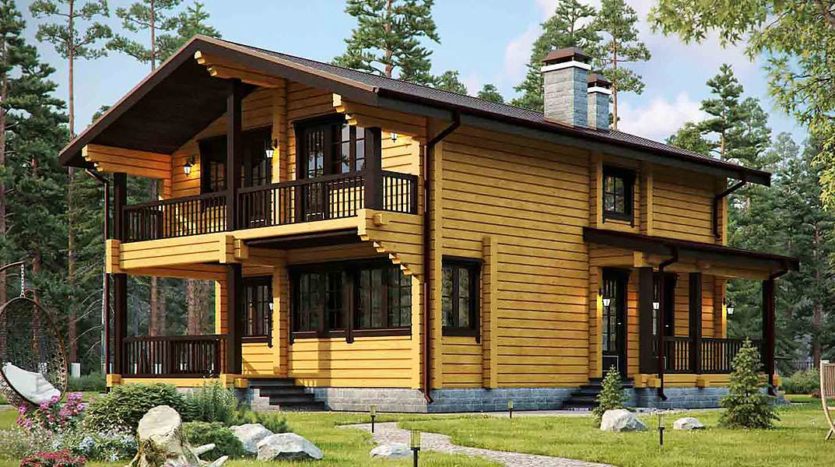 Проект брусового дома с террасой и балконом