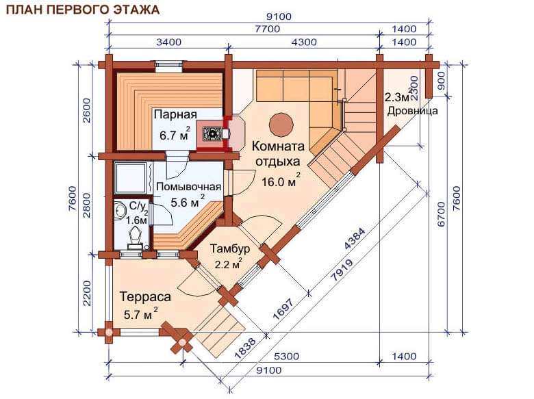 Проект дома-бани из оцилиндрованного бревна Бологородское, планировка 1