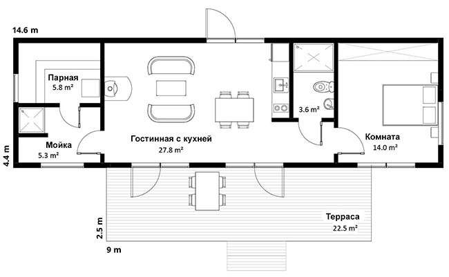 Проект узкого деревянного дома из бруса с баней Басар, планировка вариант 2 с баней