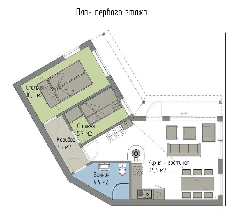 Проект углового дома с односкатной крышей Лихославль, планировка 1